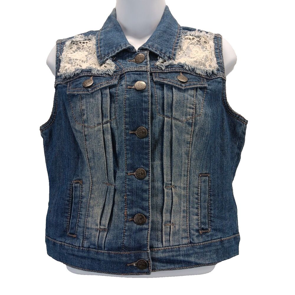 Apollo Jeans Missy Sz S Blue Denim Vest Button Front Distressed Floral Crochet